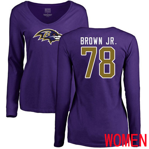 Baltimore Ravens Purple Women Orlando Brown Jr. Name and Number Logo NFL Football #78 Long Sleeve T Shirt